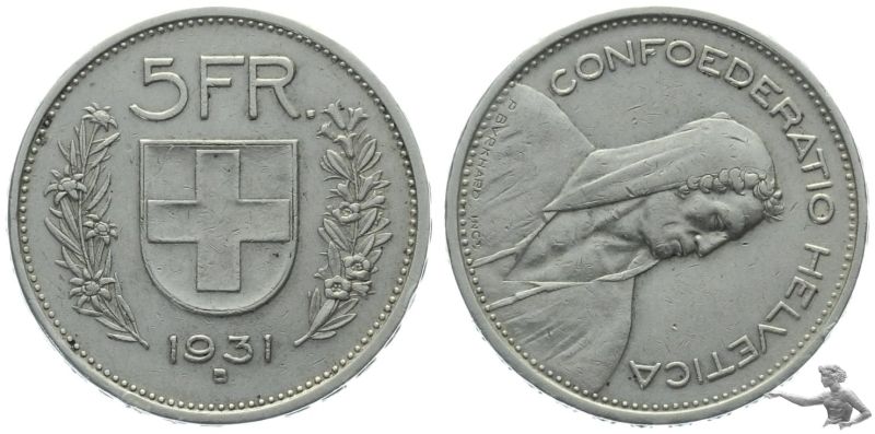5 Franken 1931 B ~75° verschoben | wunderbarer Zustand, dem Alter entsprechend!